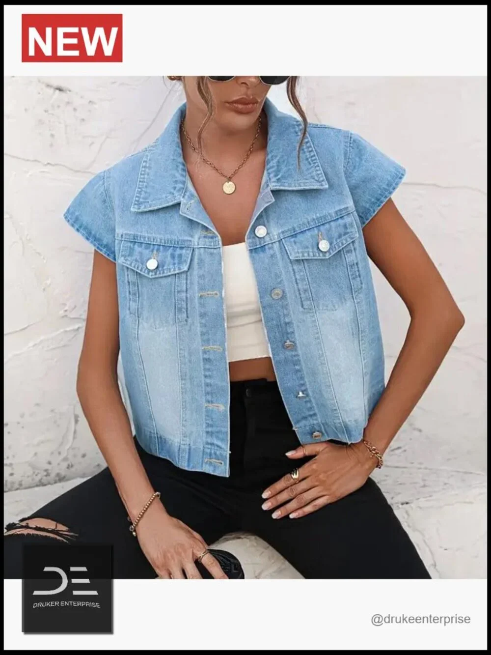Vintage Denim Vest Button Down Short Sleeve Jean Waistcoat Jacket